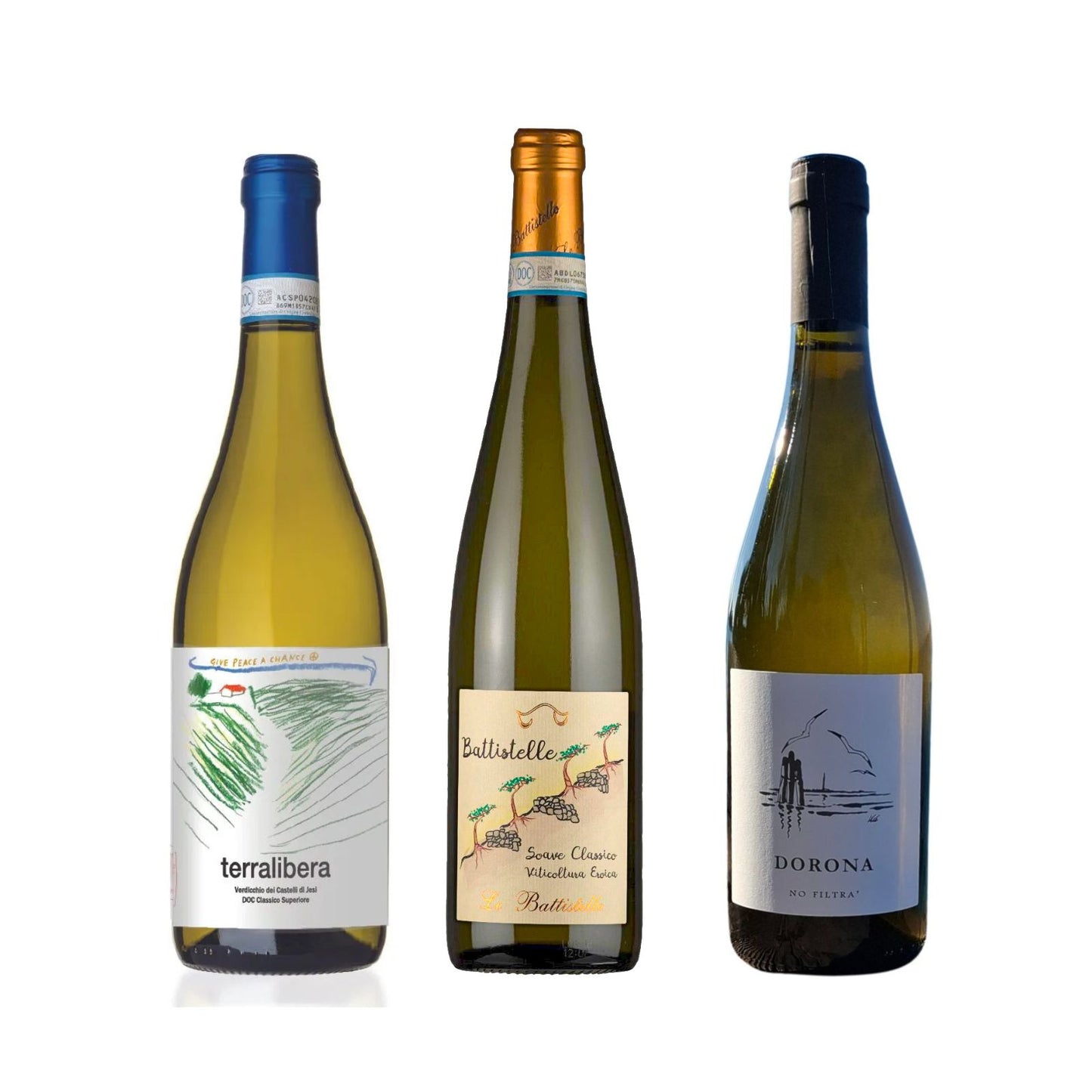 Bottiglie di Verdicchio dell'azienda Terralibera, Battistelle Soave della cantina Le Battistelle e Dorona dell'azienda Biniola