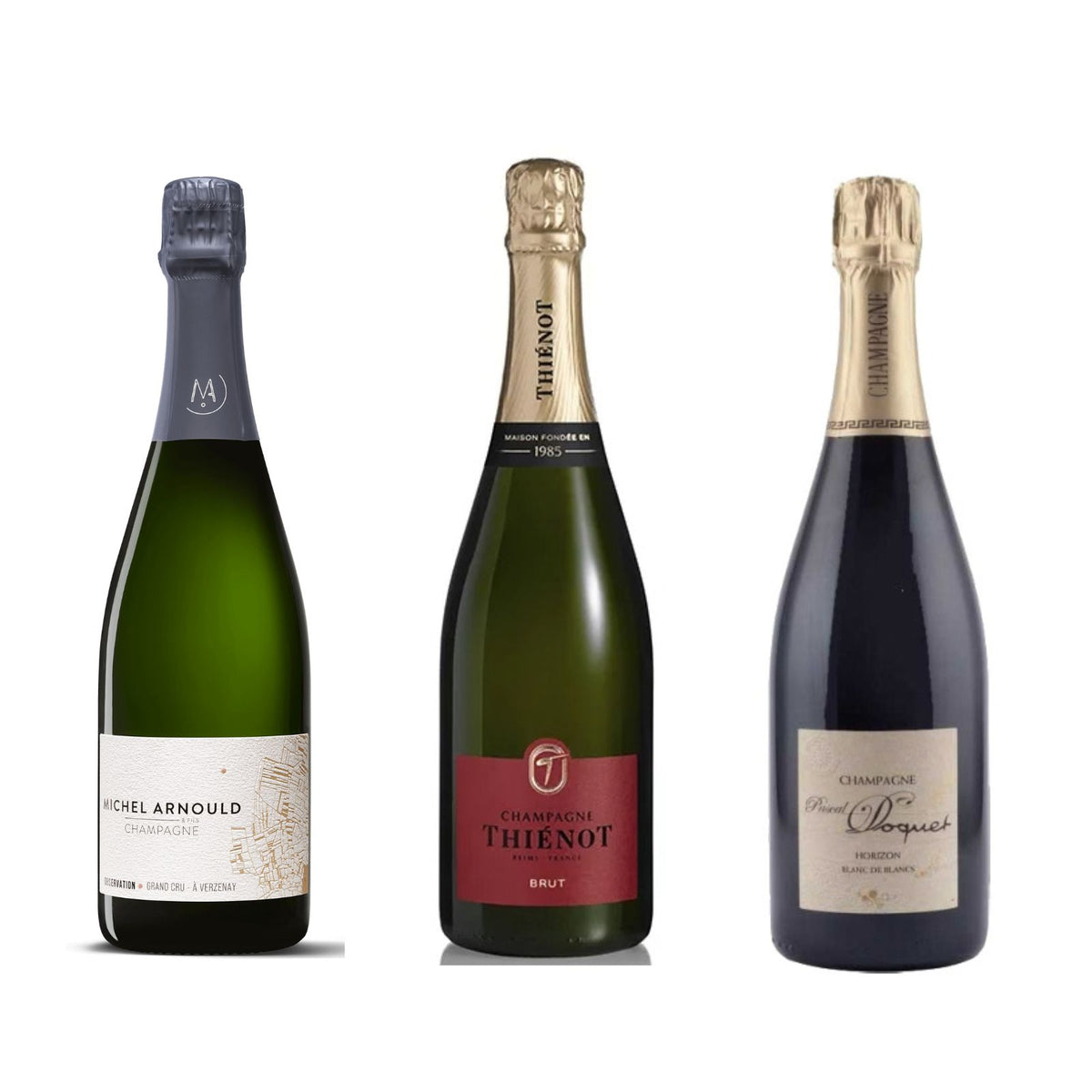 Bottiglie di Champagne Observation di Michel Arnould, Cuvée Brut di Thiénot e Horizon di Pascal Doquet