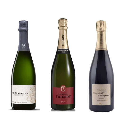 Bottiglie di Champagne Observation di Michel Arnould, Cuvée Brut di Thiénot e Horizon di Pascal Doquet