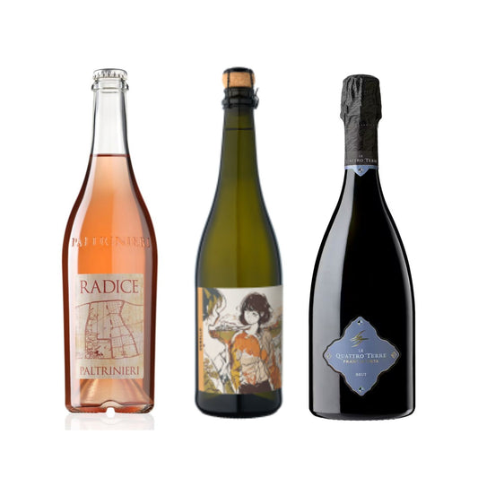 Bottiglie di Radice Lambrusco di Sorbara DOC di Cantina Paltrinieri, Durello Spumante Extra Brut di Authentica Vini, Fanciacorta DOCG Brut dell'azienda Le Quattro Terre