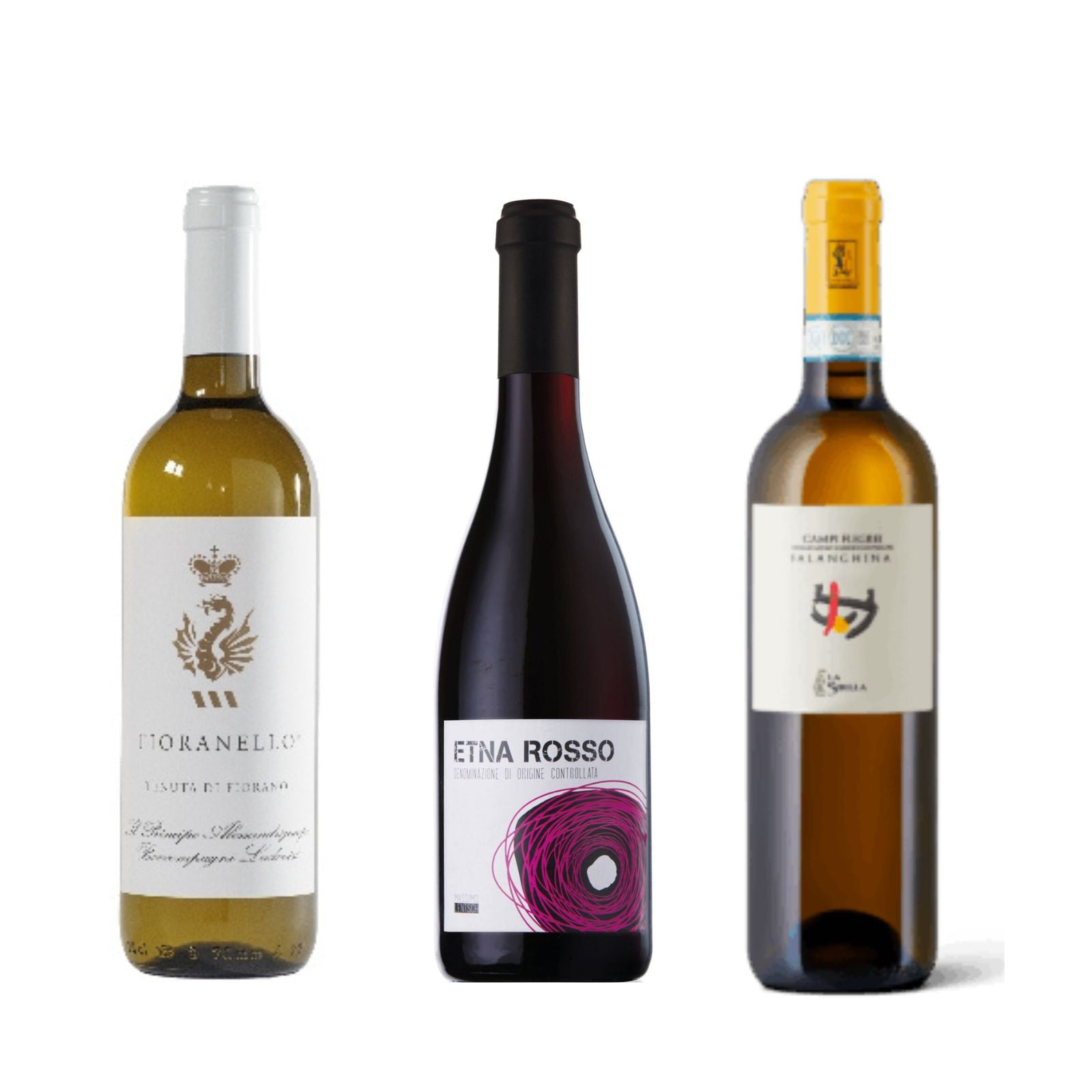 Bottiglie di Fioranello Bianco di Tenuta Fiorano da uve di Grechetto e Viognier, Etna Rosso di uve Nerello Mascalese di Massimo Lentsh e Falanghina Campi Flegrei DOC dell'azienda La Sibilla