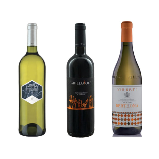 Bottiglie di Blanc de Morgex et de la Salle Valle d'Aosta DOC di uve Prié Blanc della cantina Cave Mont Blanc, Schioppettino di Prepotto Colli Orientali DOC dell'azienda Grillo Iole e Derthona Timorasso Colli Tortonesi DOC di Viberti Giovanni