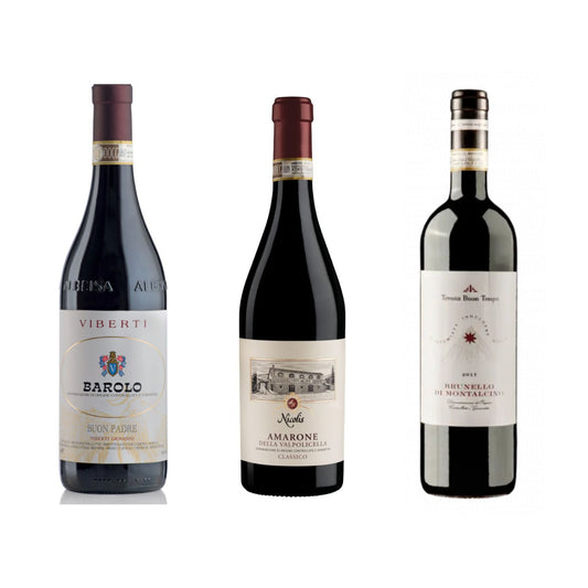 Bottiglie di Barolo Buon Padre DOCG di Viberti Giovanni, Amarone della Valpolicella DOCG di Nicolis e Brunello di Montalcino DOCG di Tenuta Buon Tempo